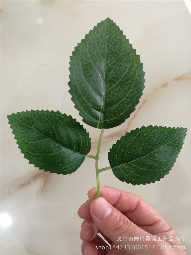 仿真玫瑰花叶子批发 13厘米丝印三叉玫瑰叶 丝网花布料材料z19图