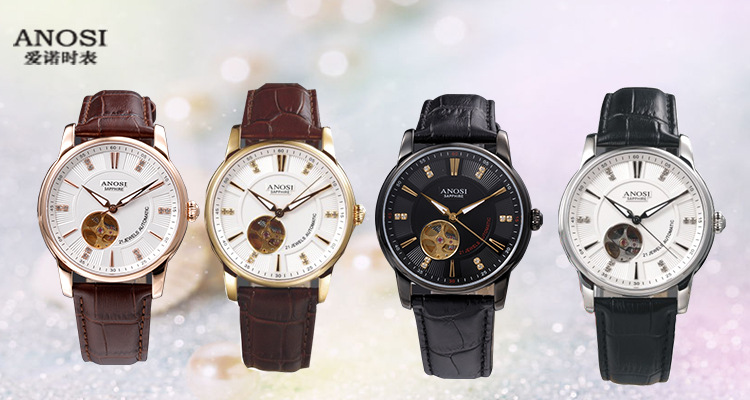 新品anosi爱诺时 芯悦a.8014g镂空进口机芯精钢真牛皮腕表