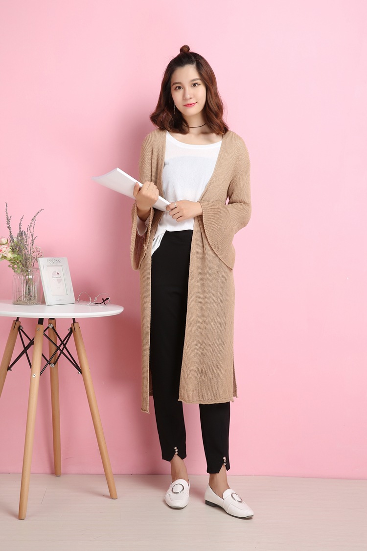 2018大码女装胖mm秋装韩版加肥加大码加长款喇叭袖镂空开衫z7914