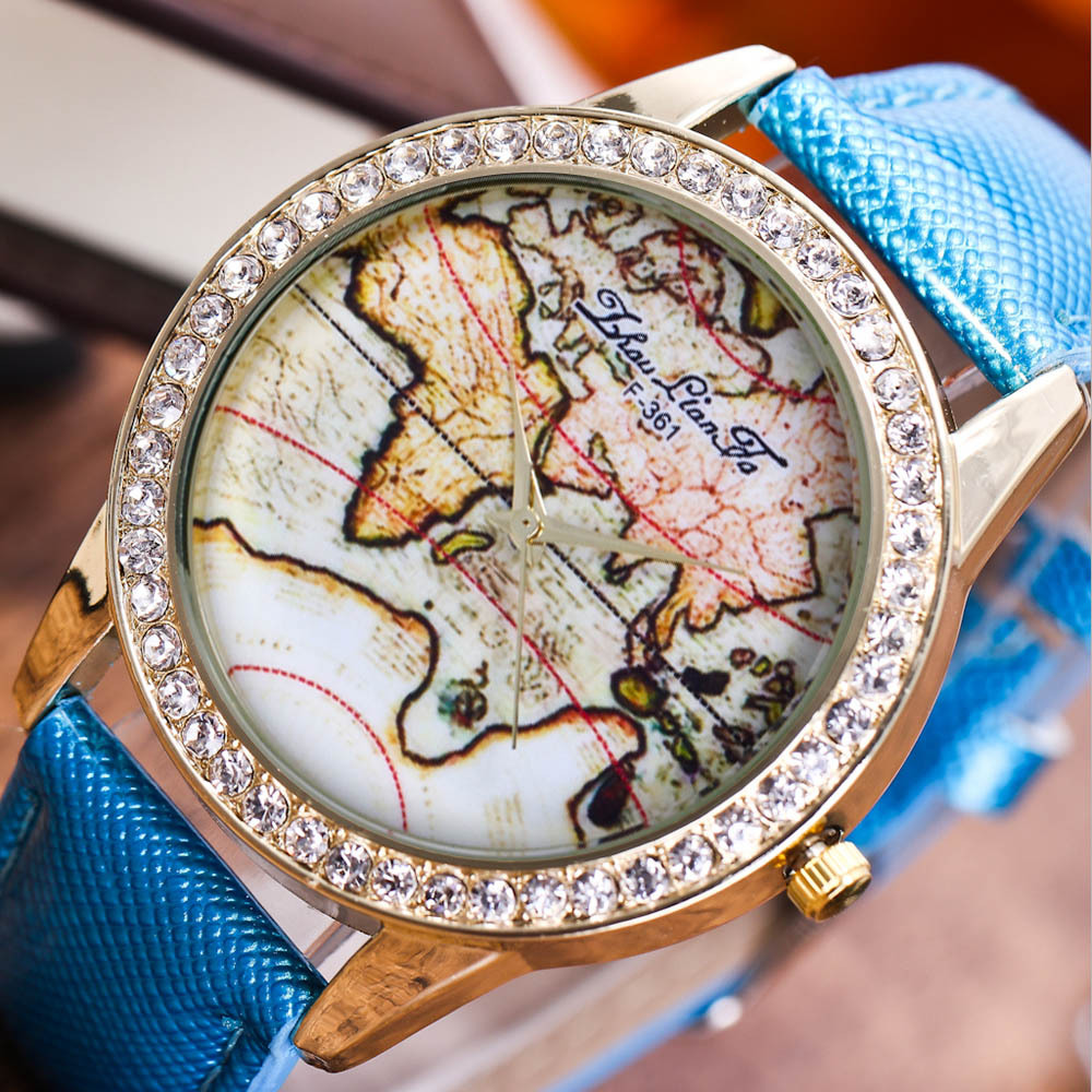 周连发zhoulianfa 流行高档生活防水手表 水晶纹皮革情侣地图手表