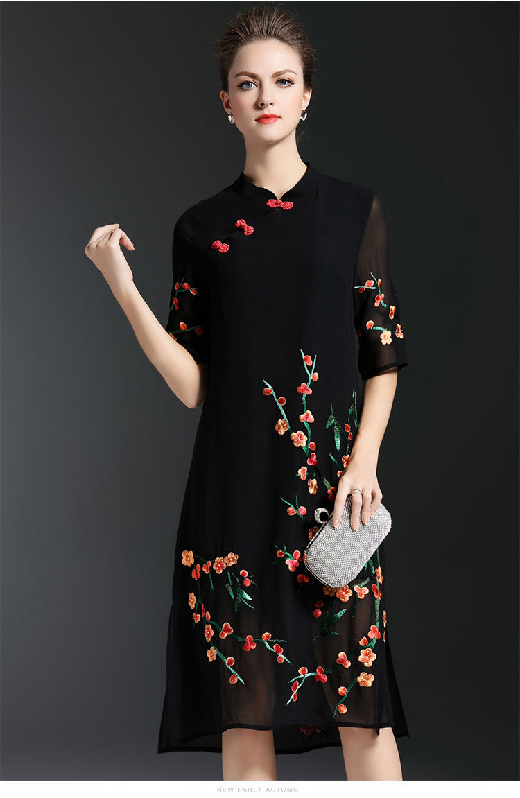 2017夏季新款宽松大码女装立领改良旗袍裙梅花刺绣中长雪纺连衣裙