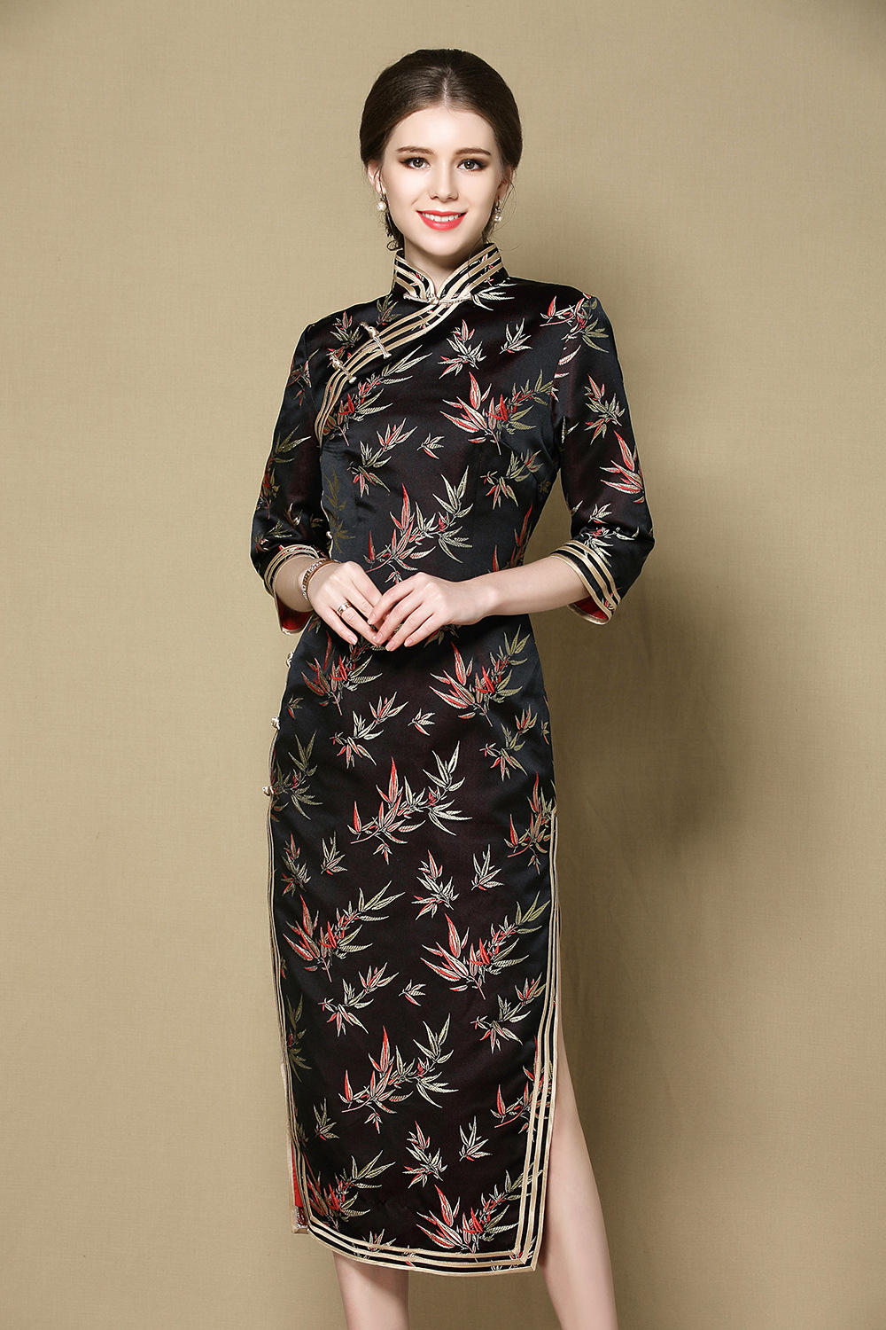 新款改良时尚气质复古七分袖修身礼服织锦缎中长款旗袍货号yk1391