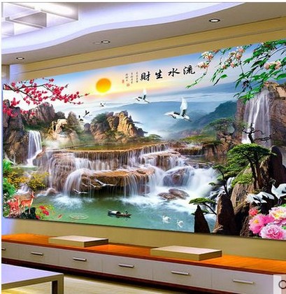 钻石画满钻客厅山水风景图5d新款圆钻砖石流水生财点贴钻石十字绣