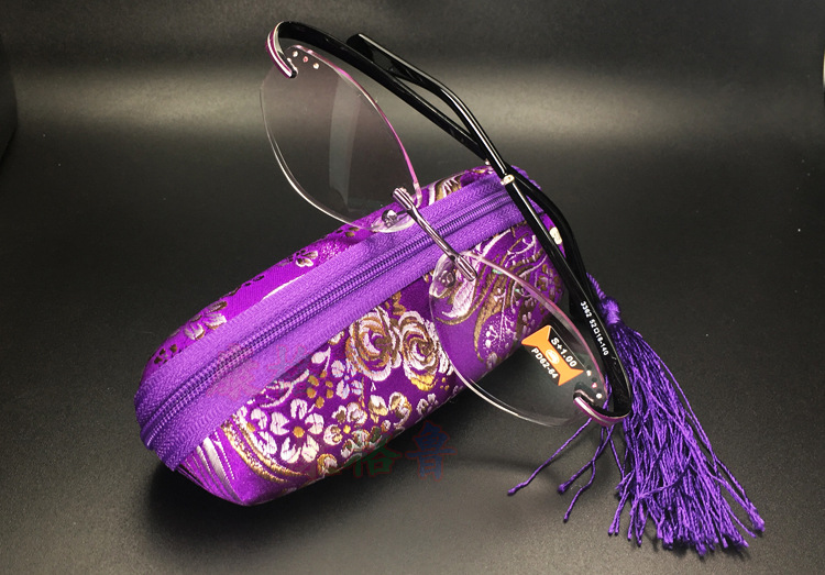 轻记忆打孔镜架 镶钻镀膜切边浅紫色镜片女士老花镜 3362老视镜