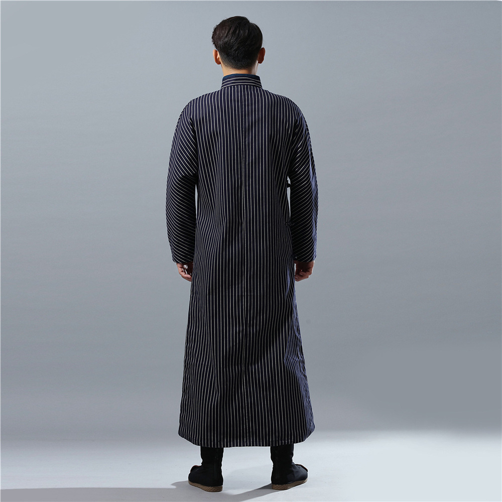 秋冬立领斜襟汉服长袍复古盘扣唐装男条纹大褂男改良民国长衫男