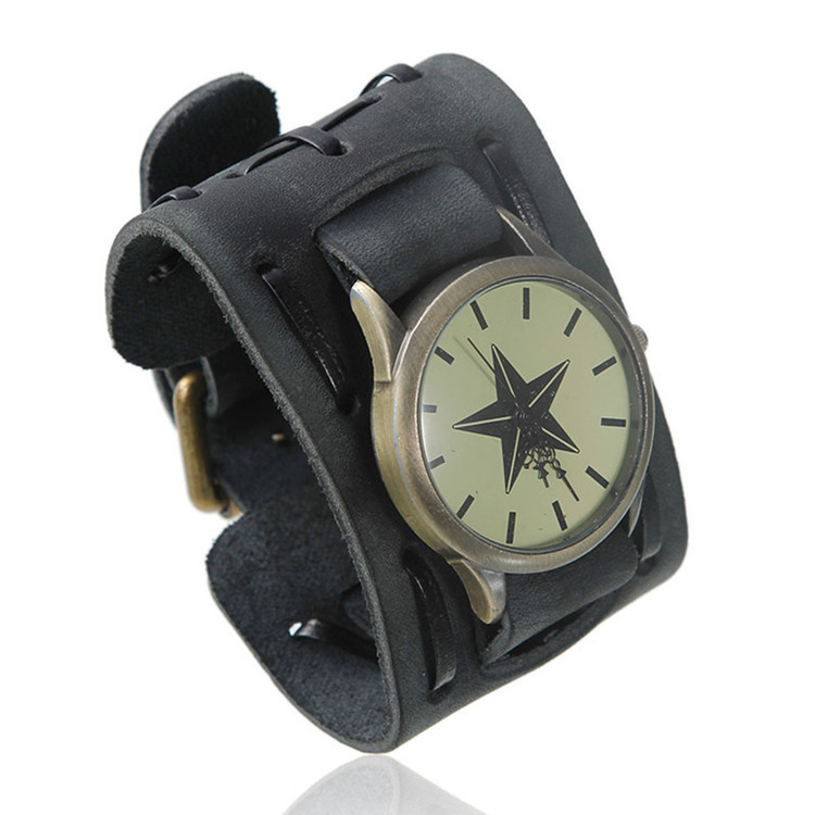 Wholesale Foreign Trade Popular Style Punk Five-Pointed Star Broadband Men's Watch Vintage Leather Quartz Watch Factory Supply