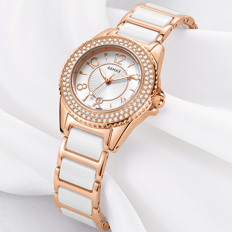 gemax/格玛仕 防水夜光日历石英表手表女士时尚镶钻钢陶瓷款腕表