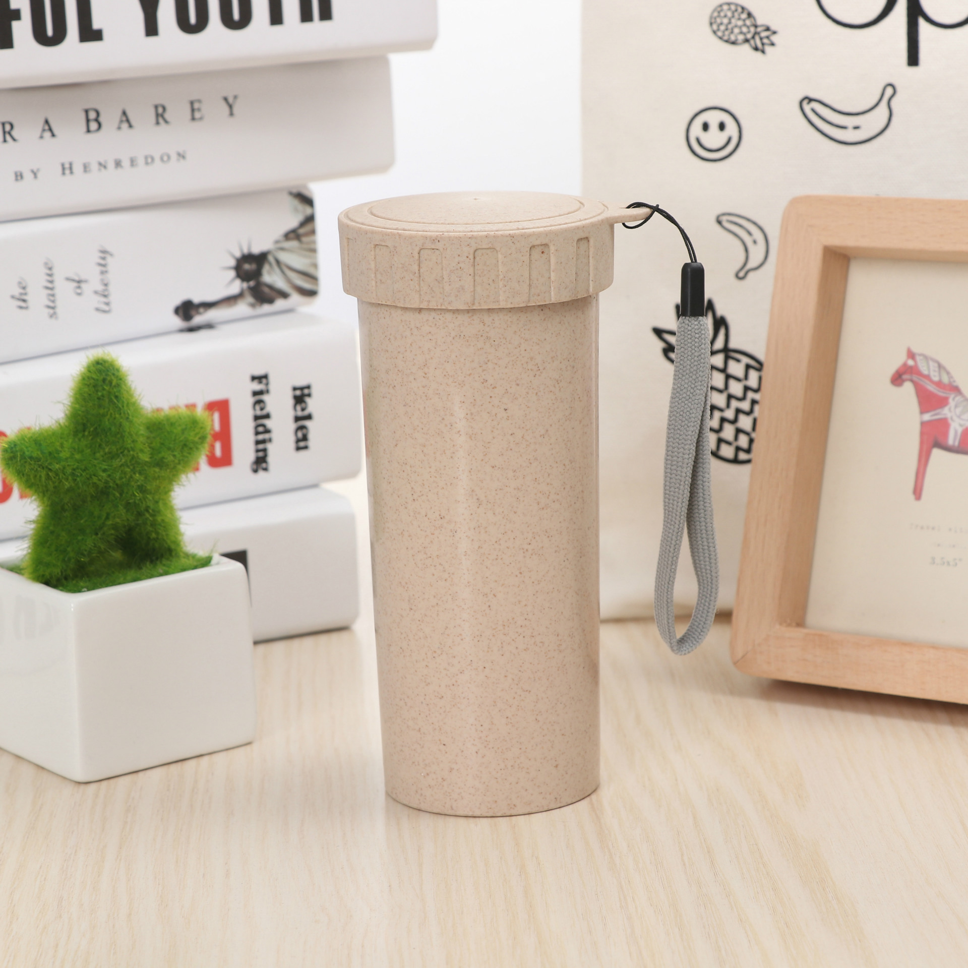 创意小麦秸秆随手水杯 环保健康塑料带盖水杯