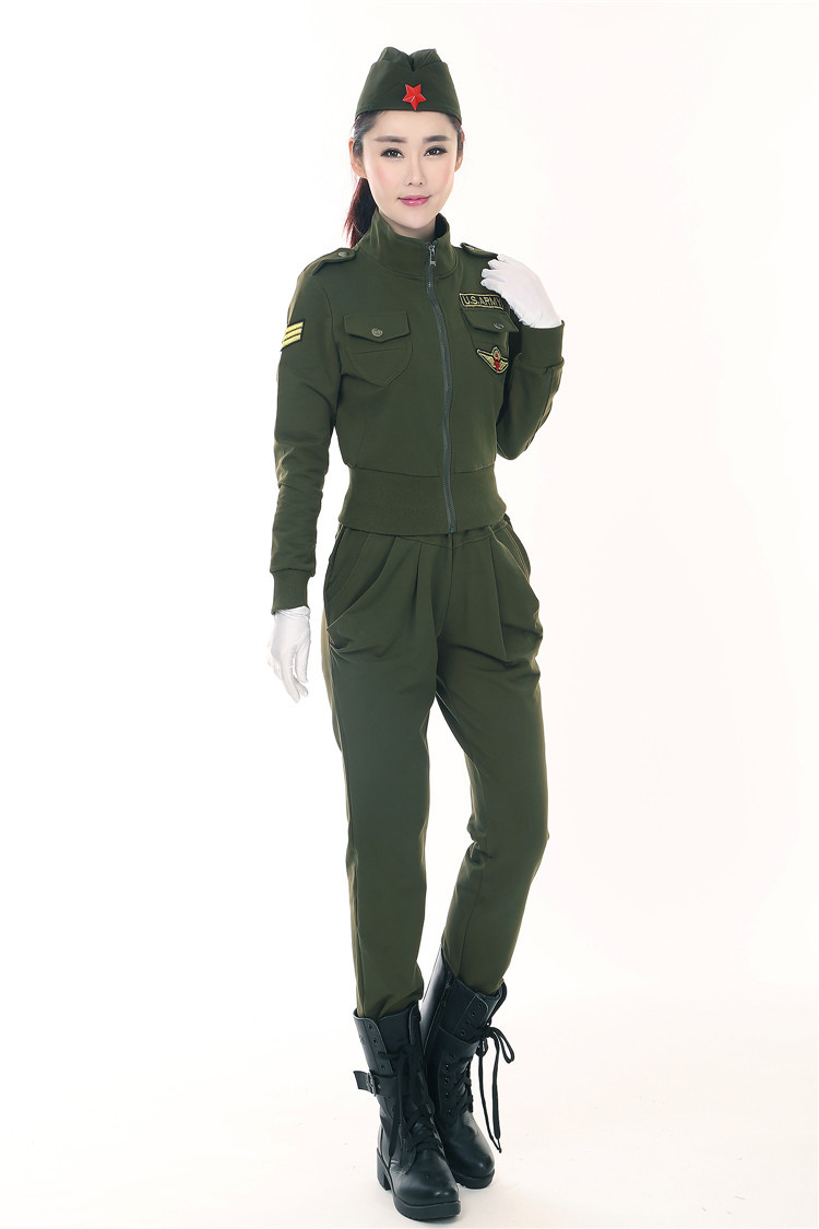 2017水兵舞服装女军绿迷彩服演出服户外军迷套装广场舞弹力三件套