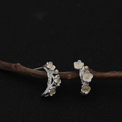 s925银双色电镀 梅花耳环 韩国 气质 长款 吊坠 复古首饰