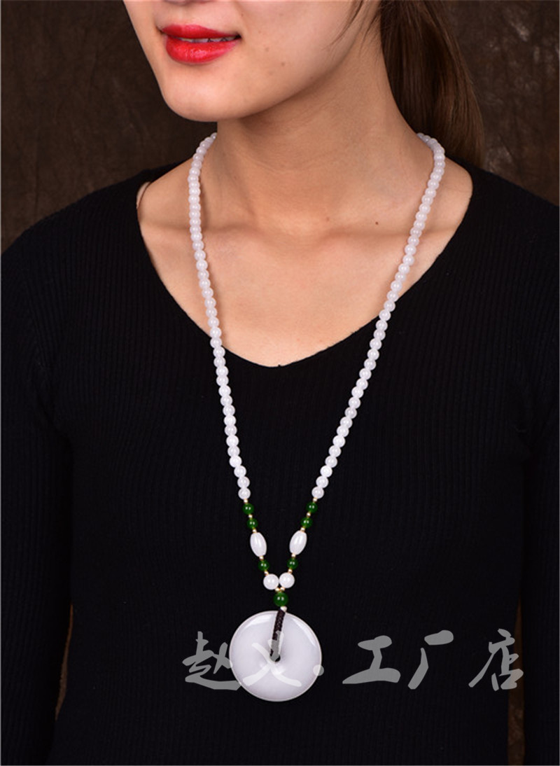 新疆金丝玉毛衣链白玉平安扣项链 女款玉佩玉石吊坠项链批发