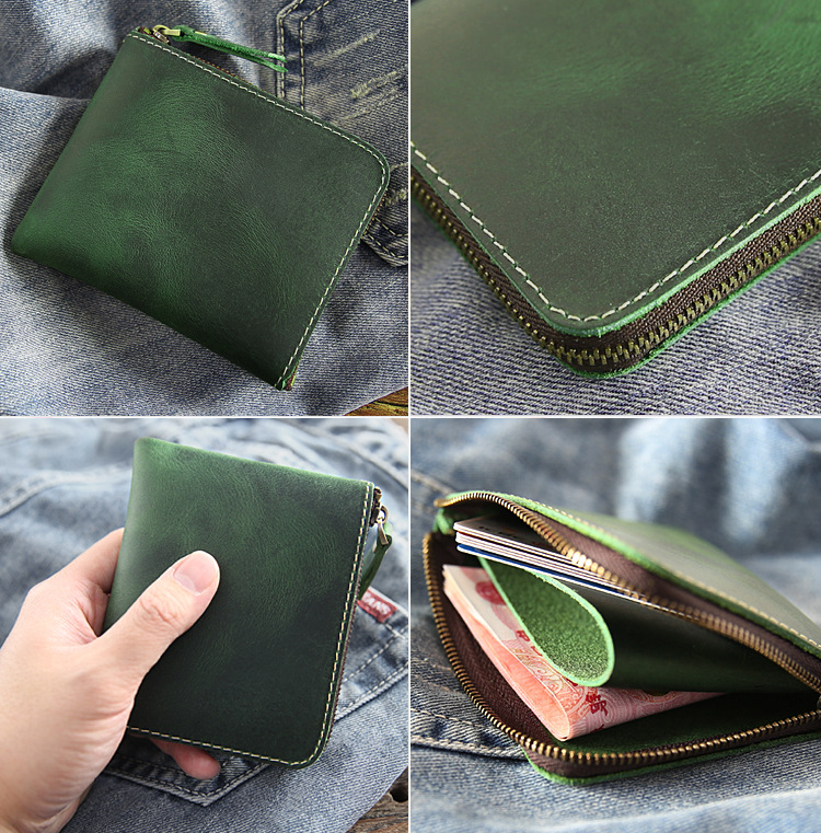 Handmade Retro Genuine Leather Short Men's Wallet Crazy Horse Leather Zipper Wallet First Layer Cowhide Ultra-Thin Wallet Coin Purse