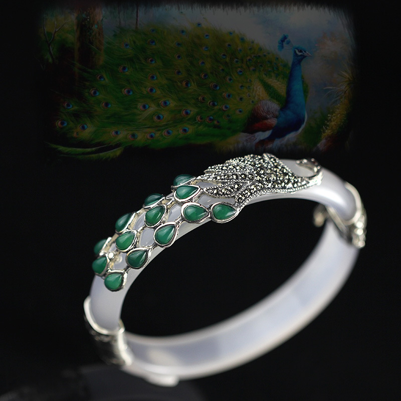 一打珠宝 s925银饰品民族风精工女士白玉髓手镯孔雀东南飞