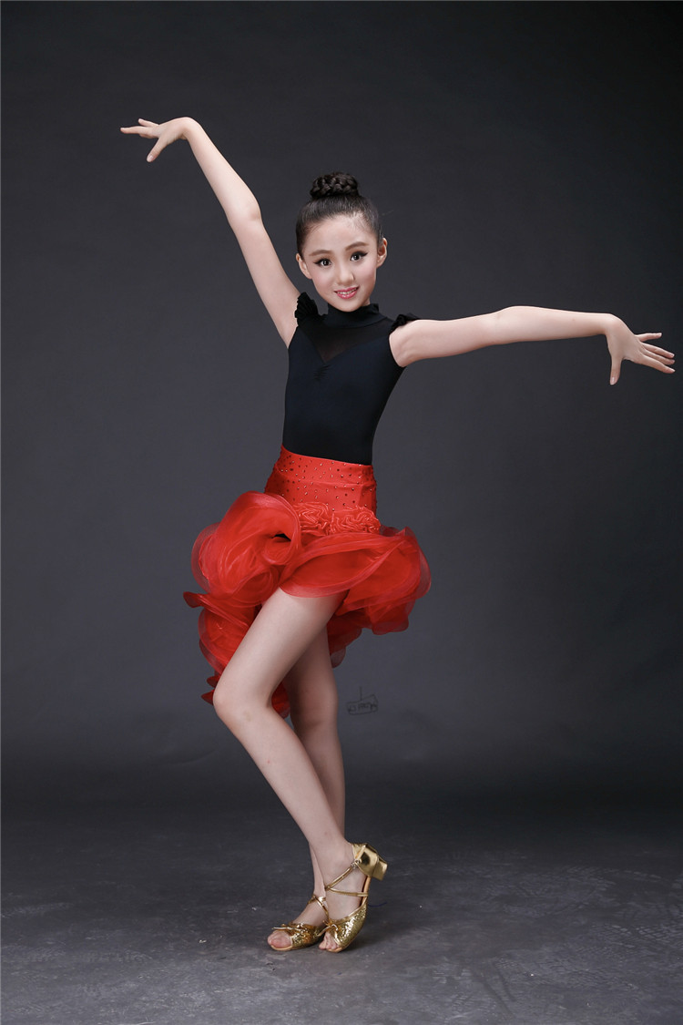 拉丁舞裙儿童演出服中大童短袖练功服装夏季女童拉丁比赛服舞蹈裙