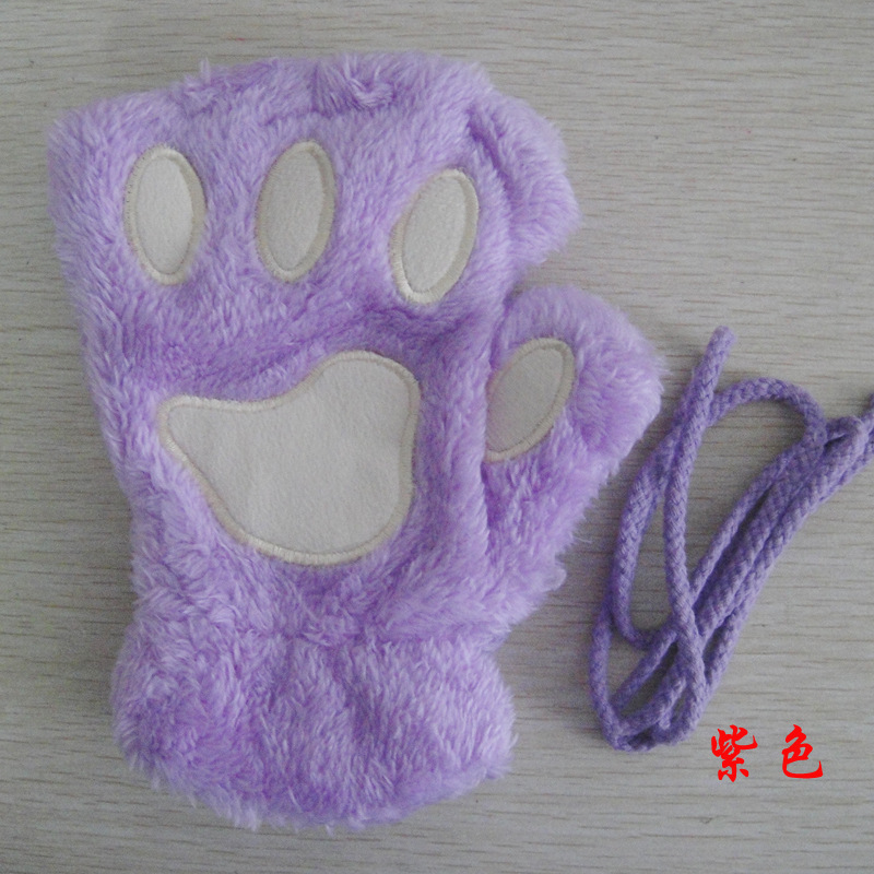 Winter Cute Cartoon Cat Girl Open Finger Cat's Paw Warm Gloves Thickened Fluff Hand-Shaped Brush Half Finger Gloves