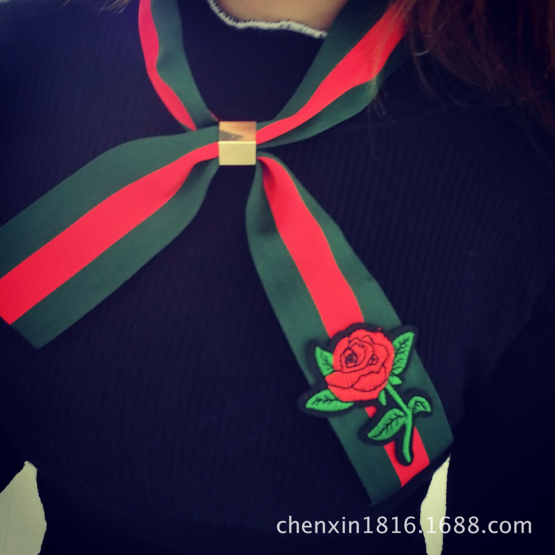 韩国东大门新款刺绣复古玫瑰花蝴蝶结衬衣领结领带