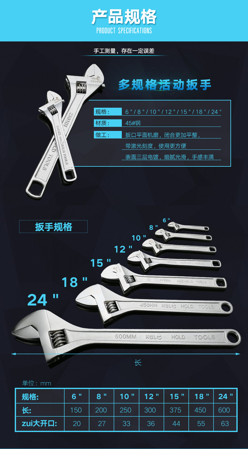 工业级8寸活动扳手欧式6寸活络扳手12寸活口扳手10寸活扳五金工具