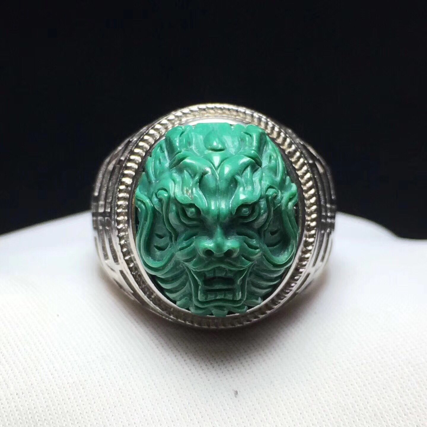 绿松石戒指男士 兽面戒指天然无优化 绿松产地货源如心珠宝