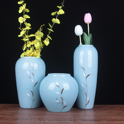 陶瓷花瓶三件套现代手工创意简约时尚欧式摆件颜色釉手绘芦苇花插