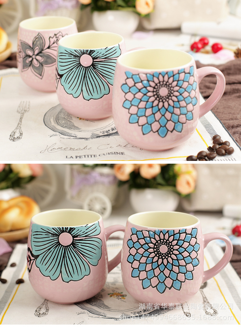 鼓肚陶瓷杯 手绘图案马克杯定制logo 色釉咖啡杯 牛奶杯 厂家直销