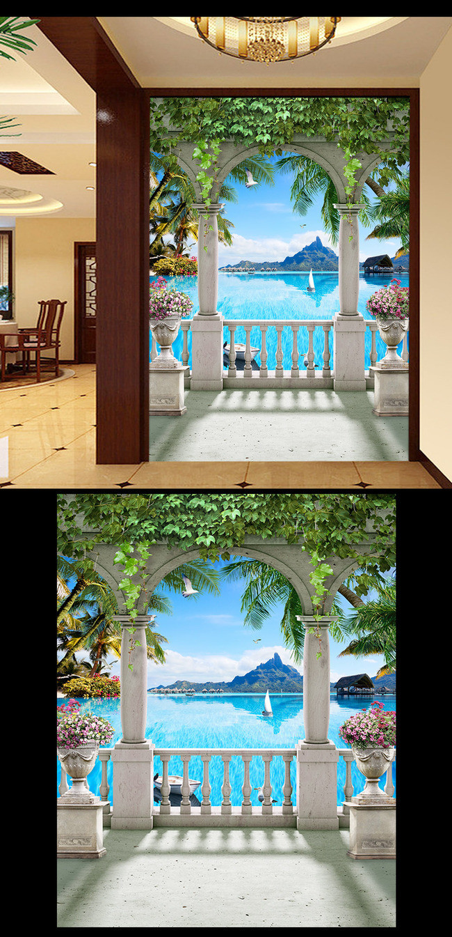 欧式3d立体玄关壁画地中海风景客厅走廊过道背景墙纸墙布无缝壁纸