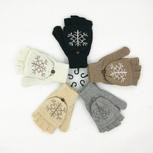 秋冬新品 纯羊毛男女小鹿针织手套 翻盖两用雪花保暖半指手套