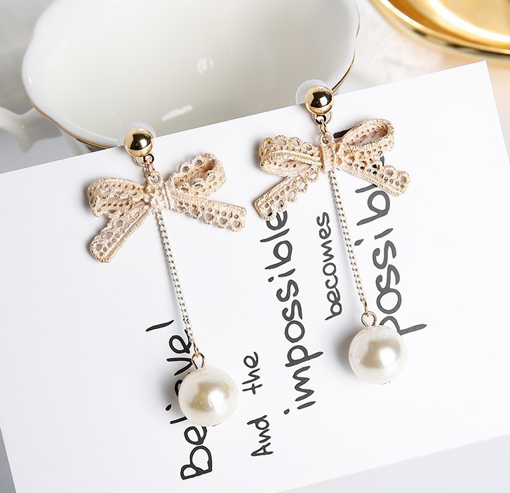 韩版流行新款浪漫公主风蕾丝蝴蝶结珍珠吊坠耳环女长款气质耳环
