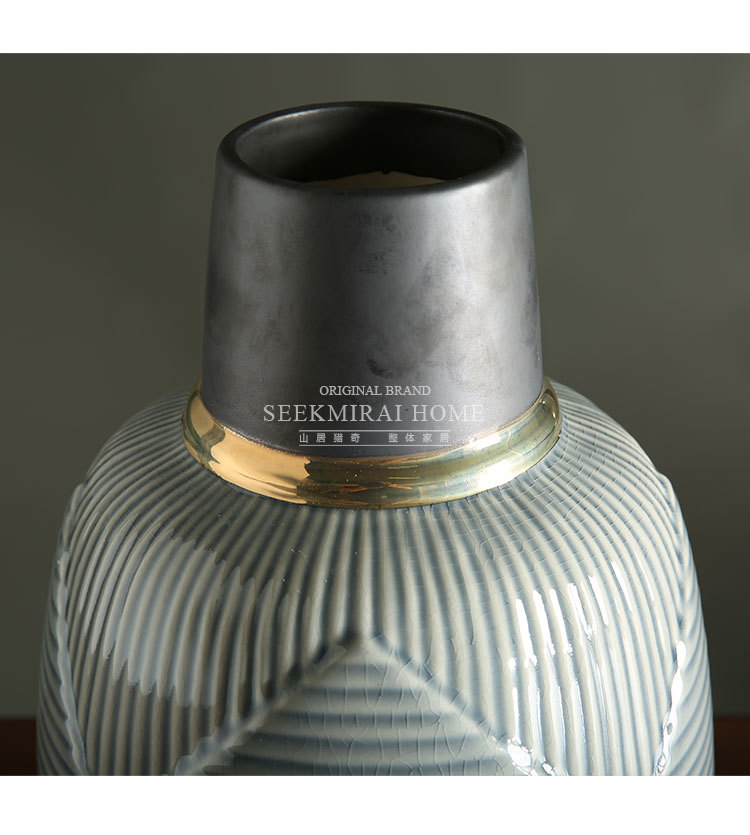 电镀金色陶瓷花瓶三件套摆件 客厅干花花瓶插花花器餐桌摆件条纹
