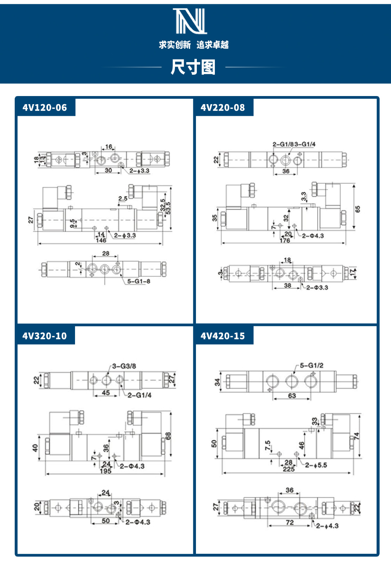 亚德客型二位五通电磁阀 4v120-06 4v220-08 4v320-10 4v420-15