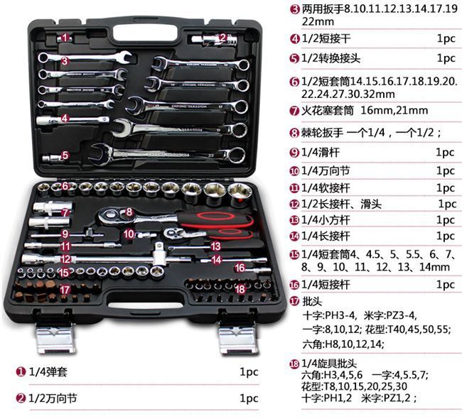 82件套筒组合工具箱扳手摩托车电动车修理套装汽修家用盒001_7折现价