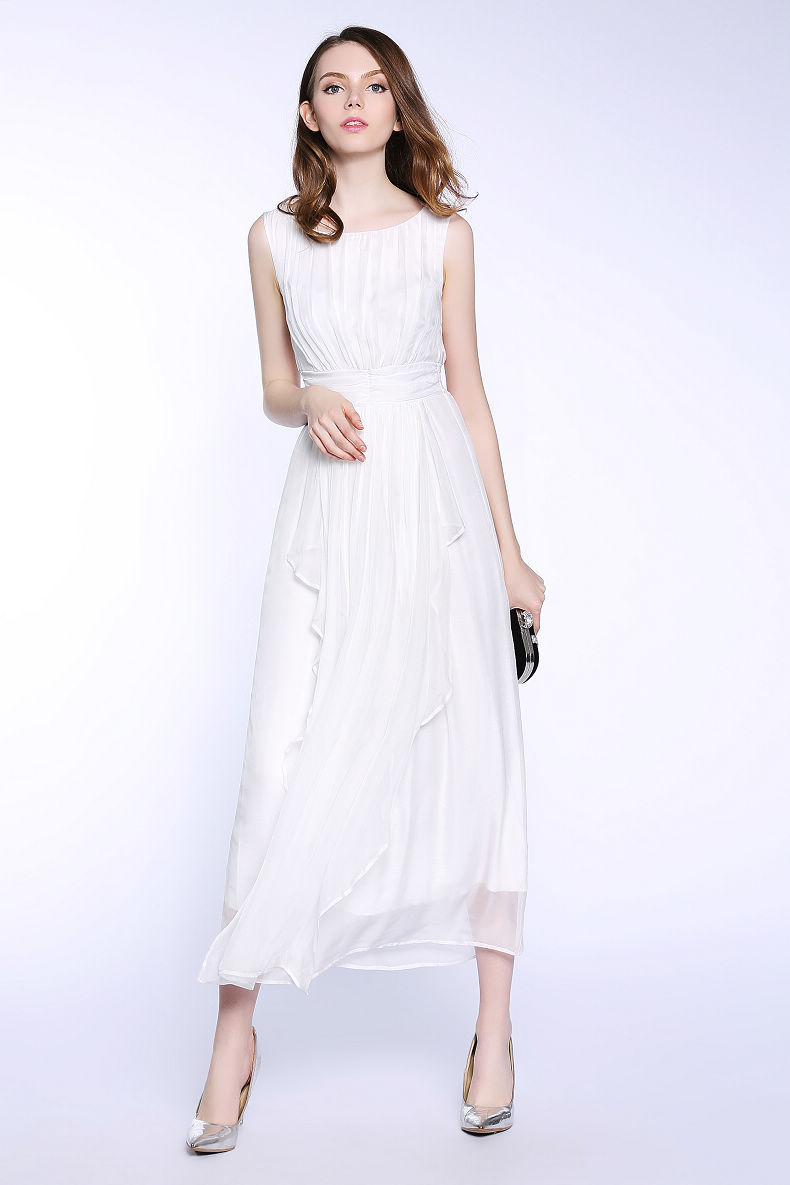 特价 夏纯白色无袖不规则下摆桑蚕丝真丝连衣裙旅游度假泰国88002