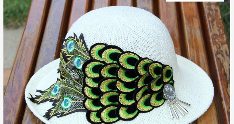 新款 手工帽子女夏季 苗银头饰帽子 孔雀图腾草帽小清新 沙滩帽