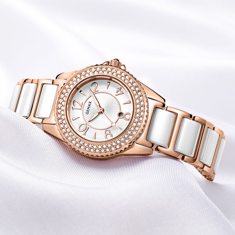 gemax/格玛仕 防水夜光日历石英表手表女士时尚镶钻钢陶瓷款腕表