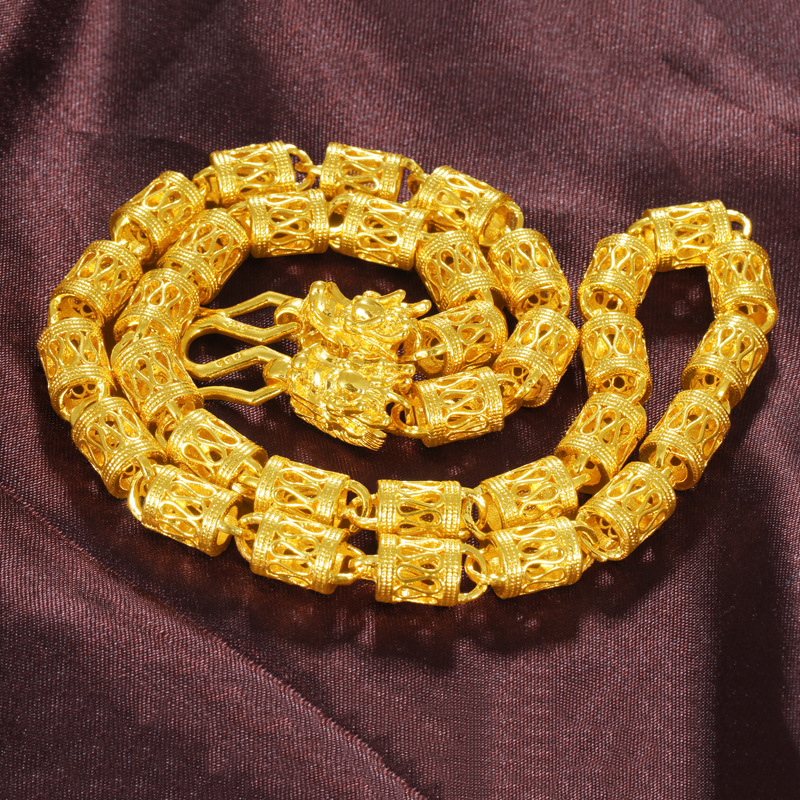 厚金项链热销沙金首饰黄铜镀金男士双龙头桶珠项链久不掉色