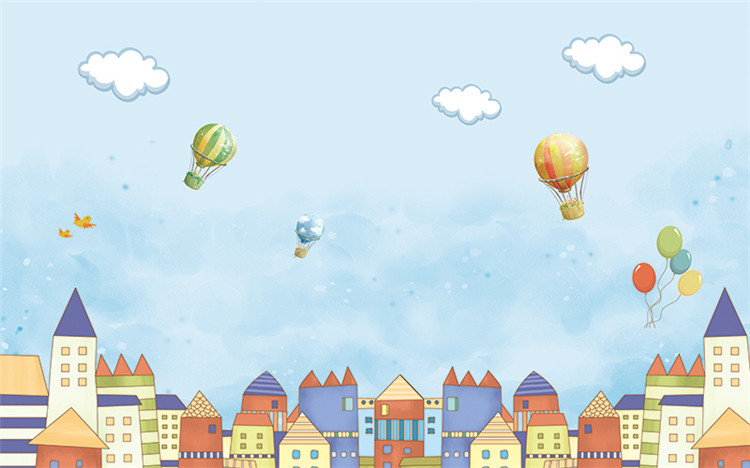 3d卡通手绘梦幻城堡热气球无缝壁纸壁画 儿童房小孩