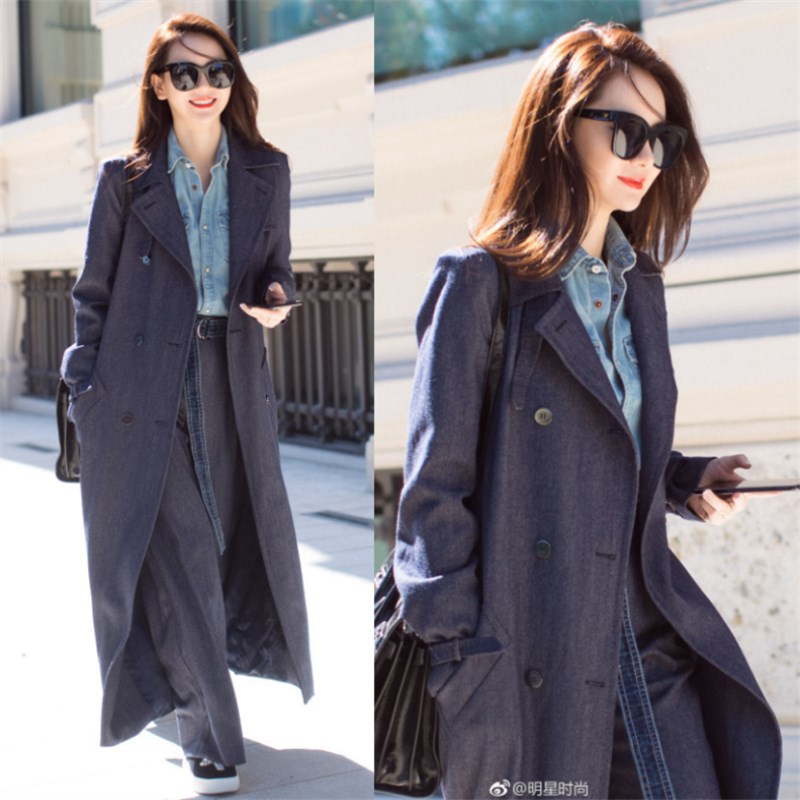 时装周街拍戚薇明星同款牛仔外套春季新款长款风衣大衣女9757