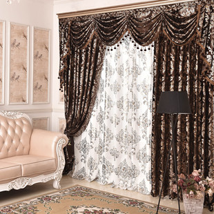 高档欧式丝绒布料烫金压花落地窗帘幔头布客厅别墅加厚遮光