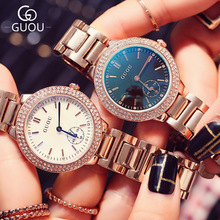 香港古欧GUOU蓝色镜面小表盘时尚水钻石英手表气质女士钢带手表