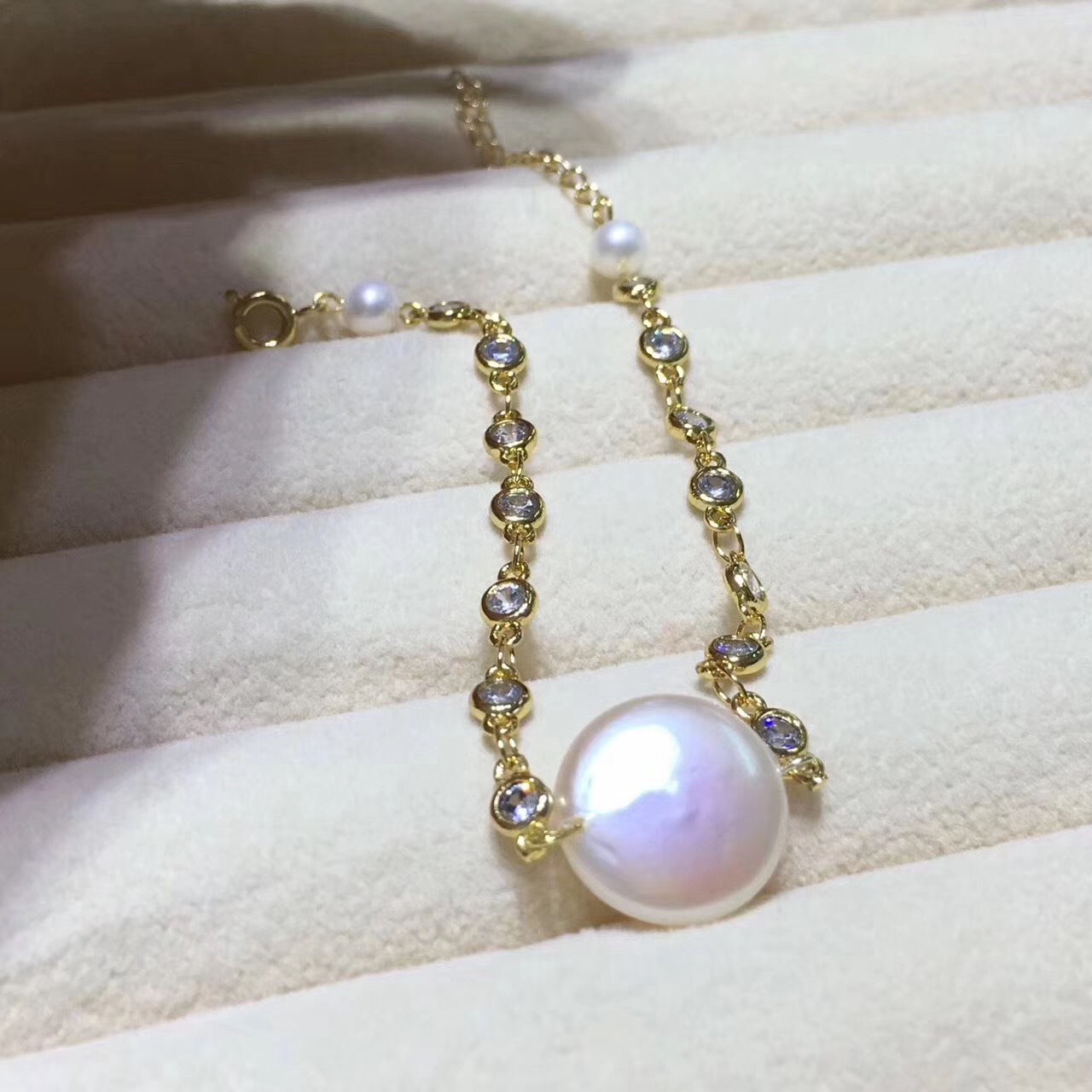 丝麦尔珠宝14k注金白色巴洛克纽扣珍珠手链手环尾部链条可调节女