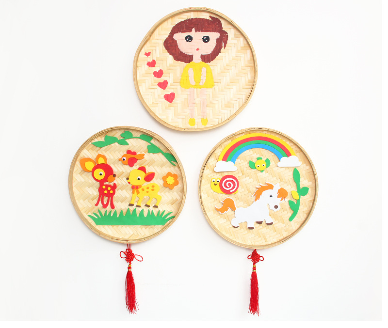 幼儿园区角装饰竹筛圆簸箕 美术绘画手工diy材料挂饰竹编竹制竹筐