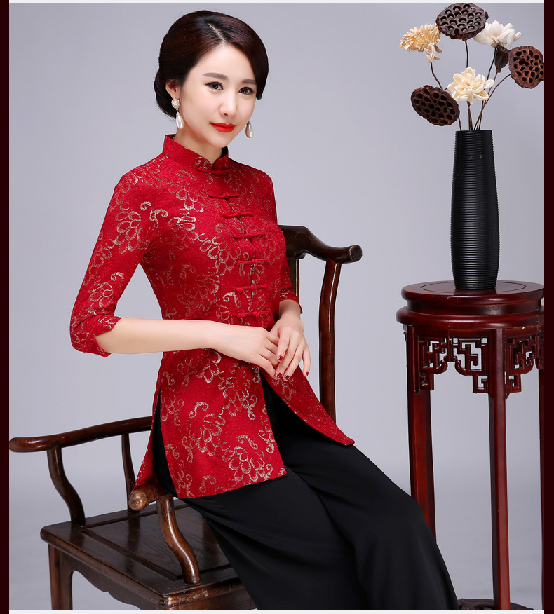 蕾丝唐装女上衣中长款改良时尚唐装女式旗袍妈妈装婚宴礼服中式