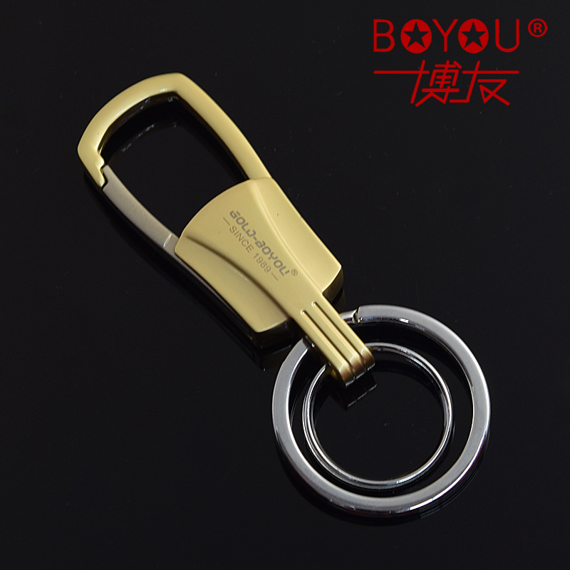 博友钥匙扣男士简约高档汽车钥匙圈个性创意不锈钢双环锁匙扣6083