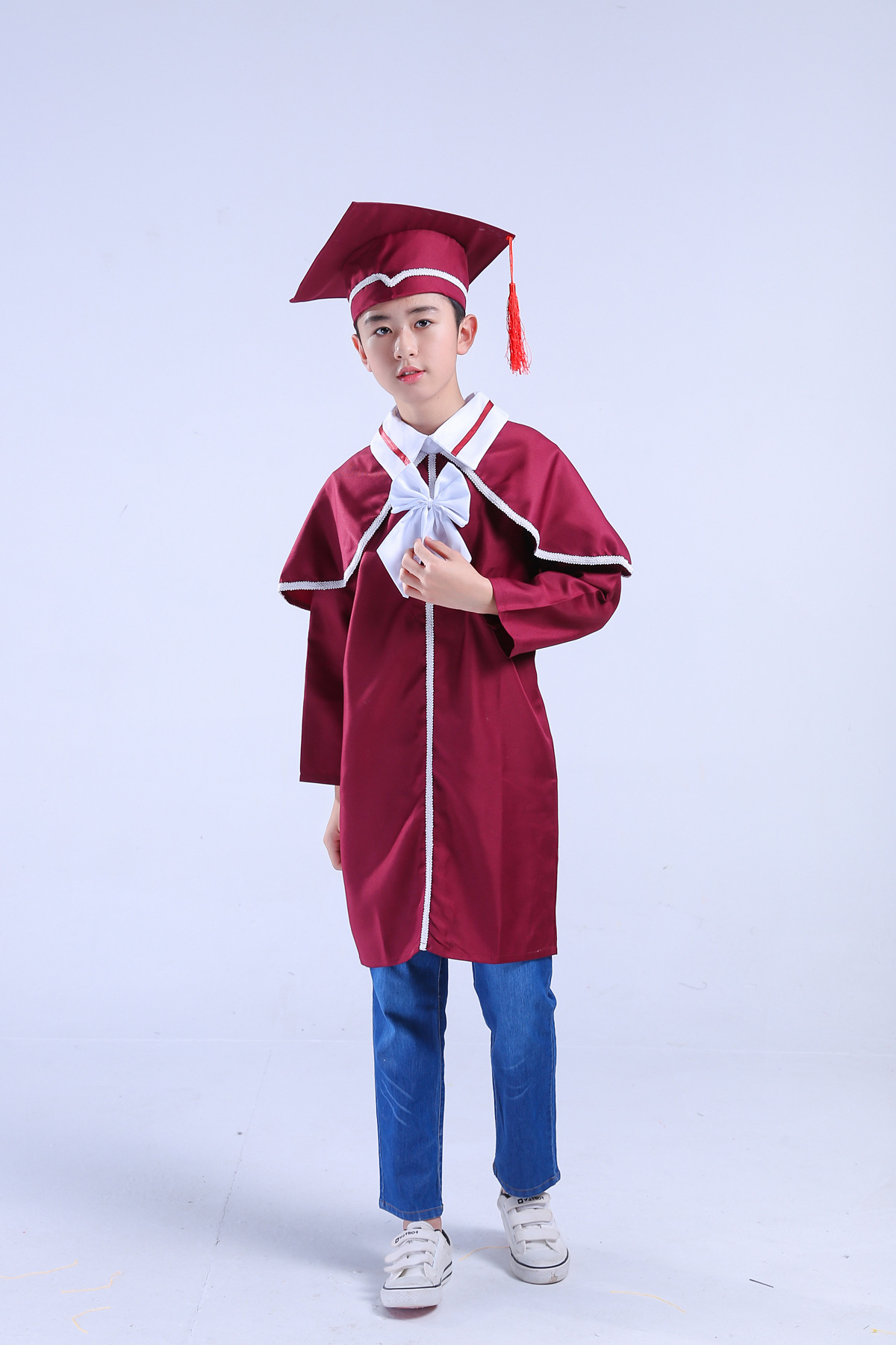 儿童披肩博士服中小学生毕业礼服幼儿园大蝴蝶结学士服博士帽