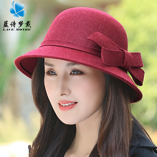英伦复古女欧美呢大檐帽韩版圆顶黑色秋冬季大沿礼帽飘带盆帽子女