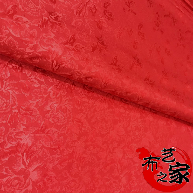尼龙织锦缎面料中国风红布牡丹cos古装汉服旗袍丝绸服装面料