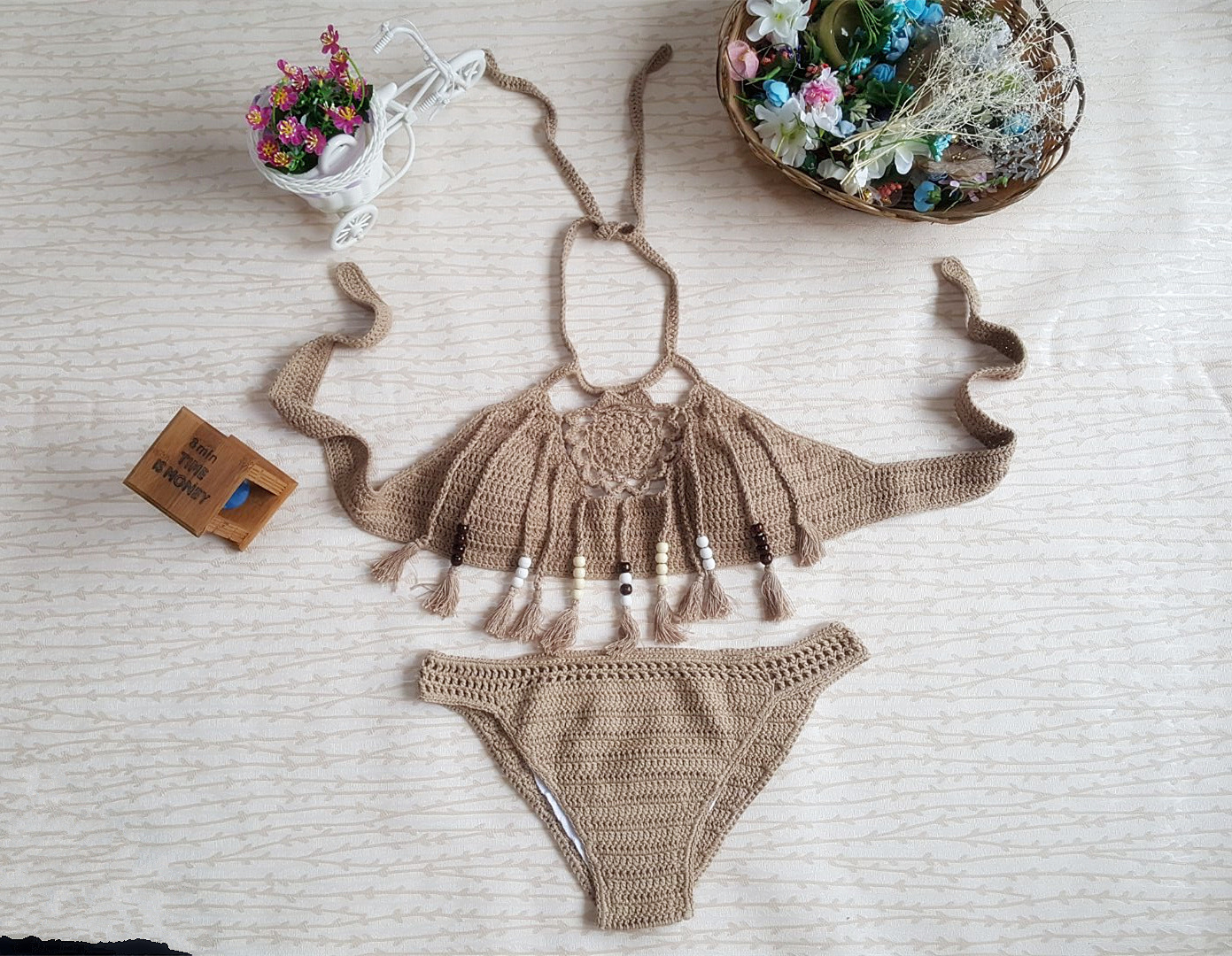 速卖通钩针比基尼手工针织流苏泳装欧美分体泳衣女士性感上衣裹胸