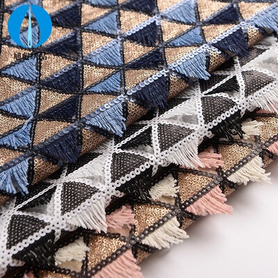 厂家直销珠片绣花面料 流苏立体绣花连线珠片潮流搭配珠片布料