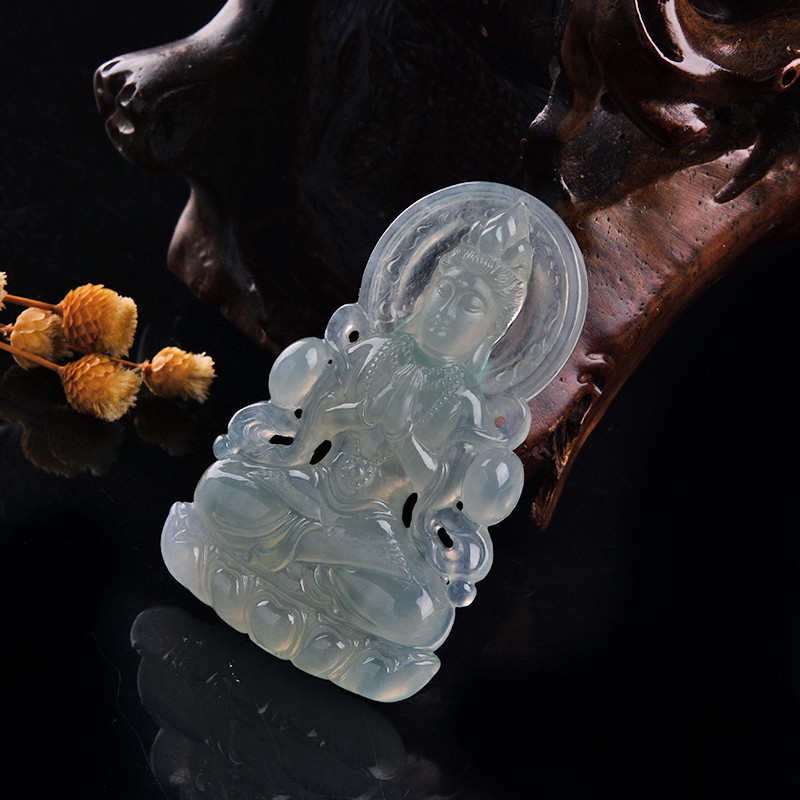 天然缅甸玉翡翠a货冰种观音吊坠坐莲观世音菩萨挂件保真送证书