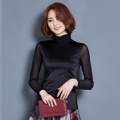 女士长袖t恤春秋装高领简约加绒网纱蕾丝打底衫大码外穿纱衣小衫