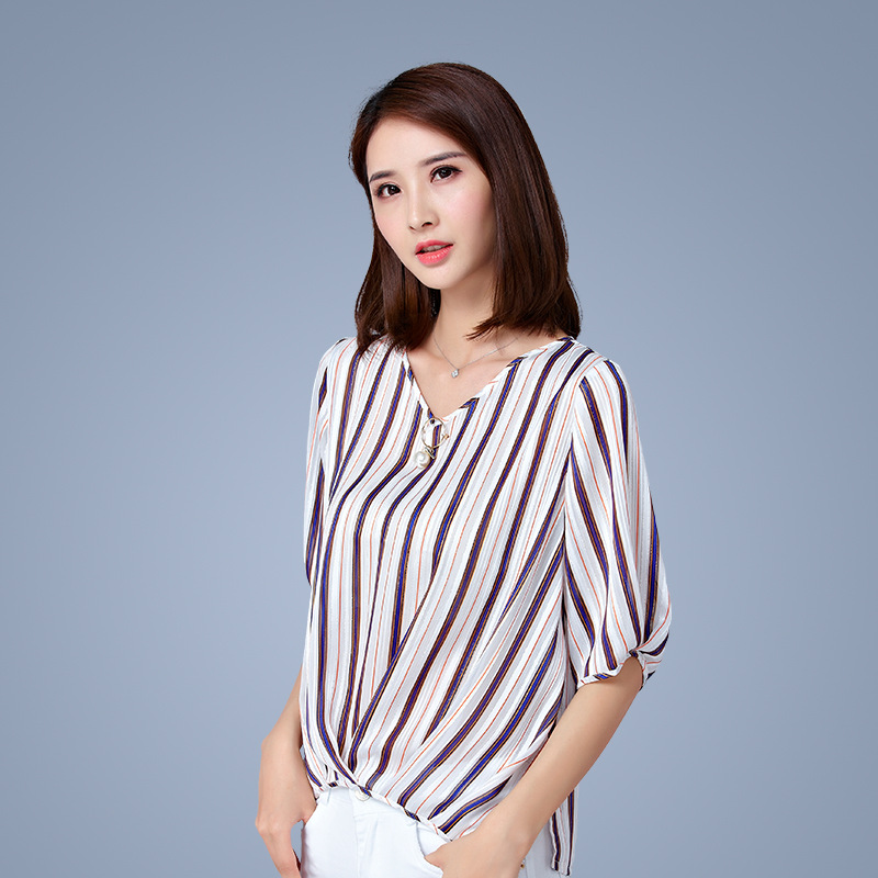 兰心格2018新款女装韩版时尚条纹小衫女上衣宽松休闲女士雪纺衫夏